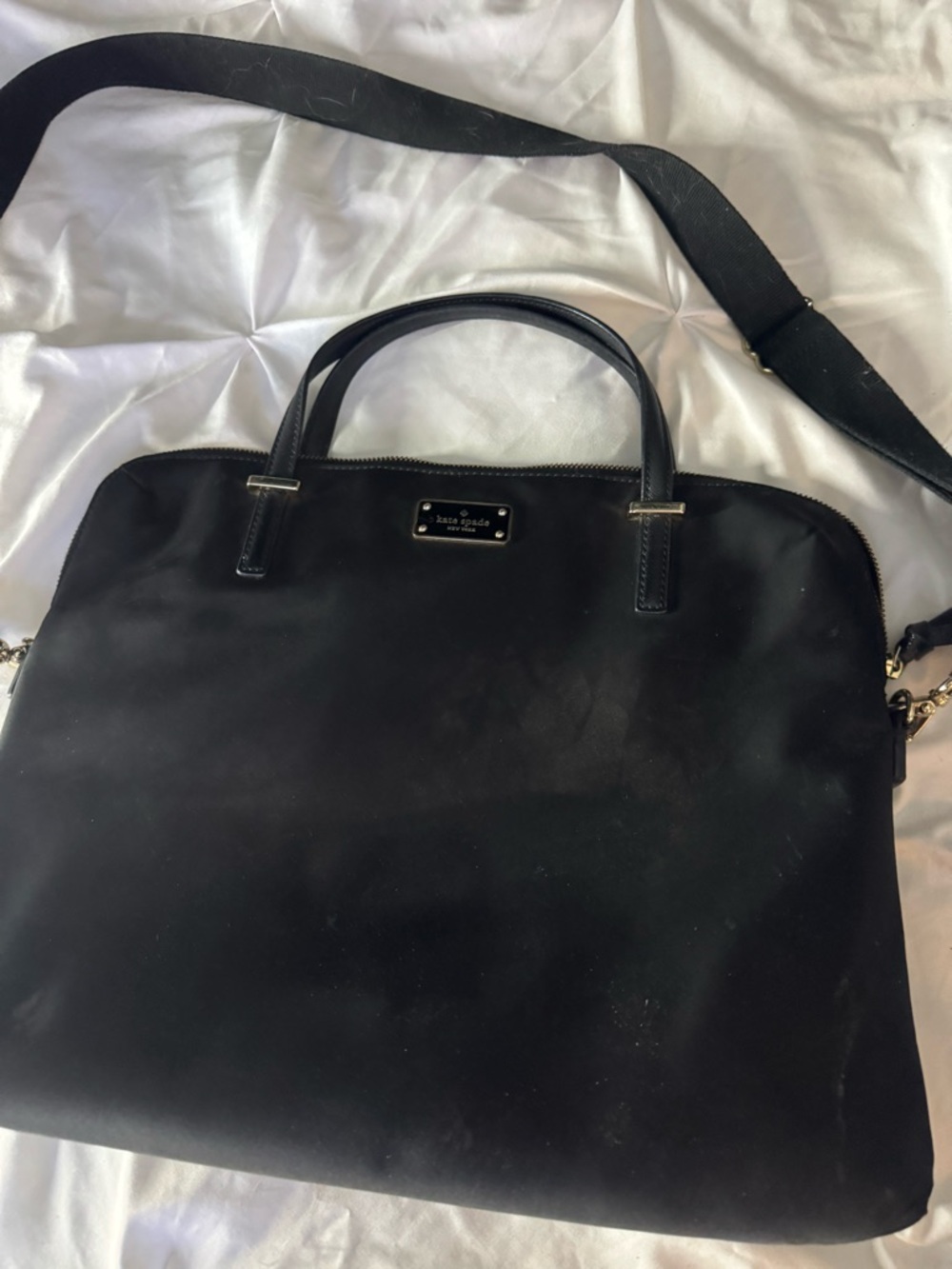 kate spade black tote with gold logo plaque